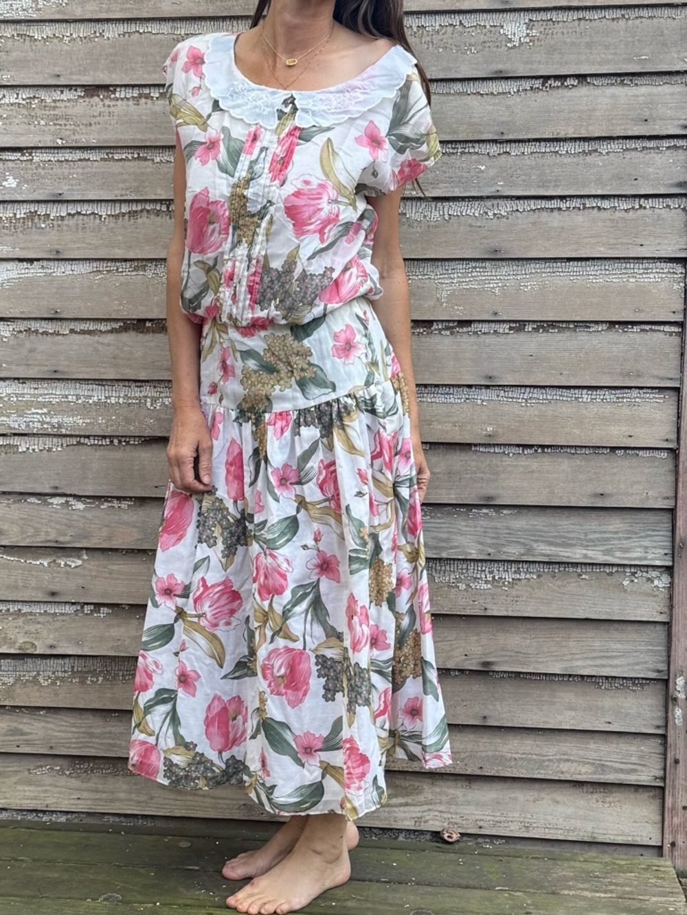 VTG Drop Waist Floral Print Maxi - Modest Spring Dress - High Neck Lace Collar - Picture 4 of 12